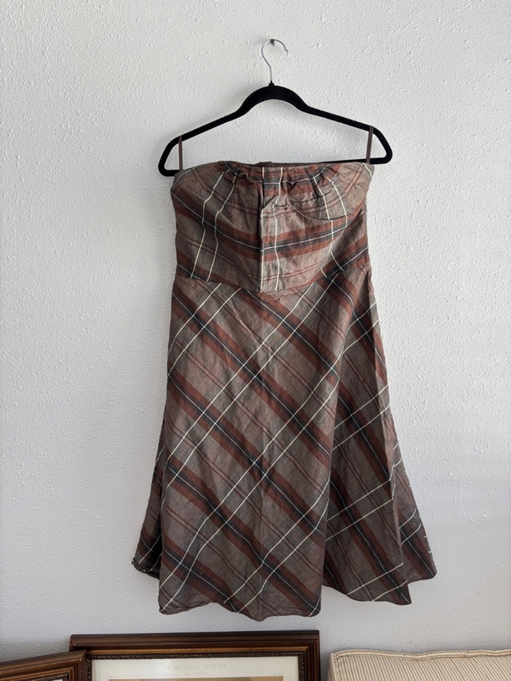 Banana Republic 2006 Brown Plaid Strapless Flare Linen/Cotton Blend Mini Dress